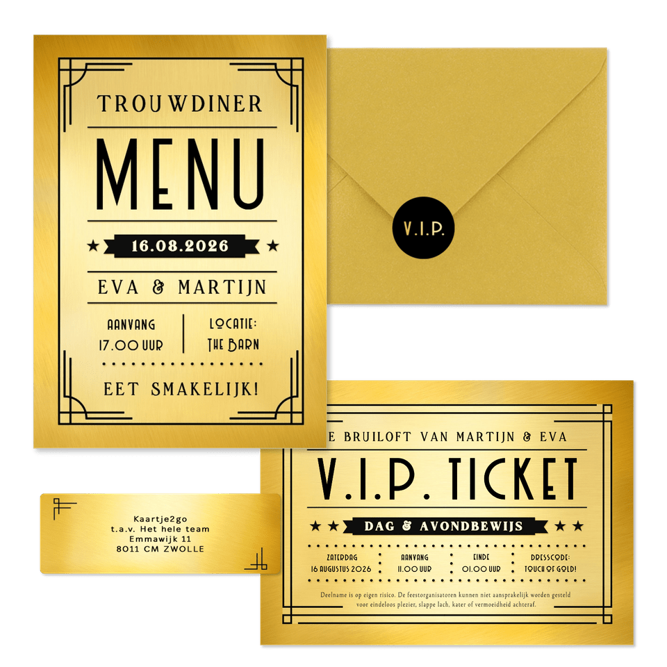 Trouwkaartenset VIP ticket goud