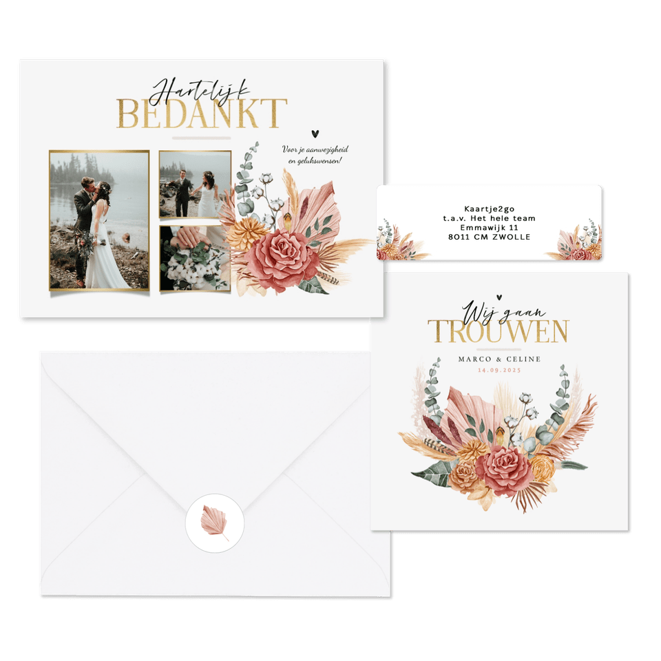 Trouwset met geschilderde roze droogbloemen