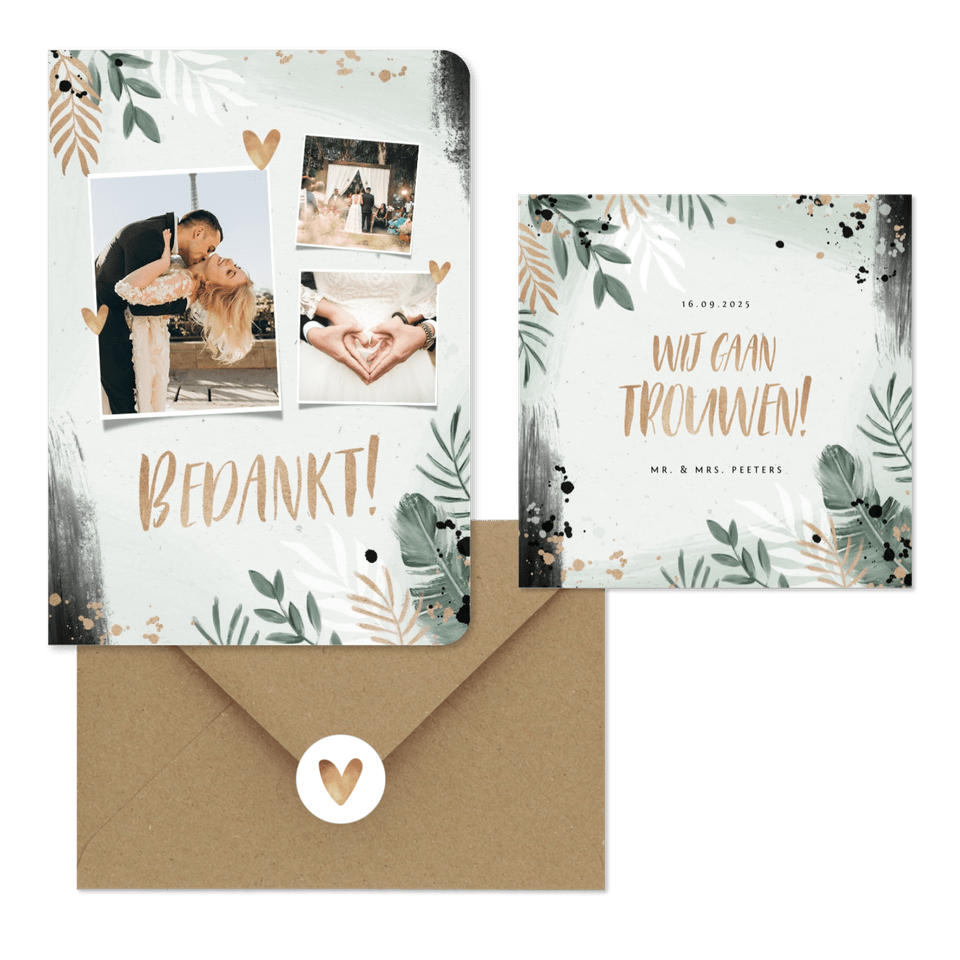 Trendy trouwset botanisch goud met waterverf