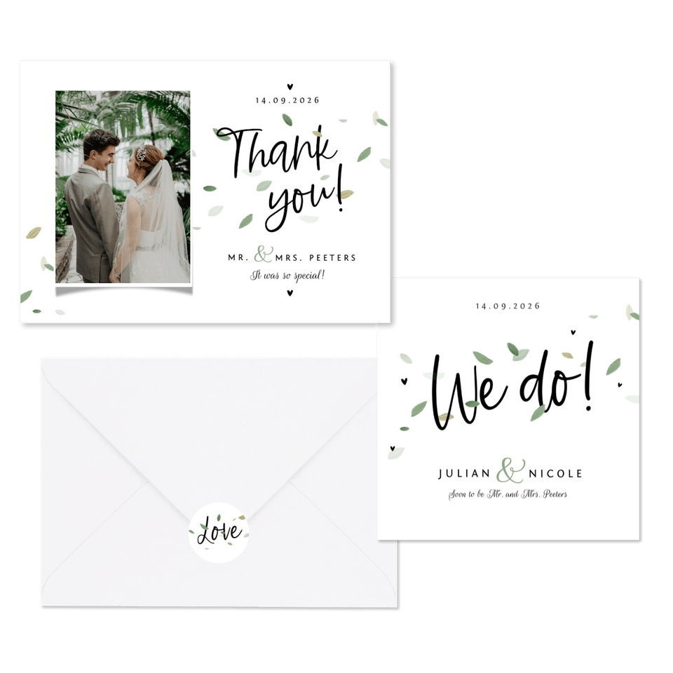 Trouwkaartenset duurzaam eco blaadjes groen