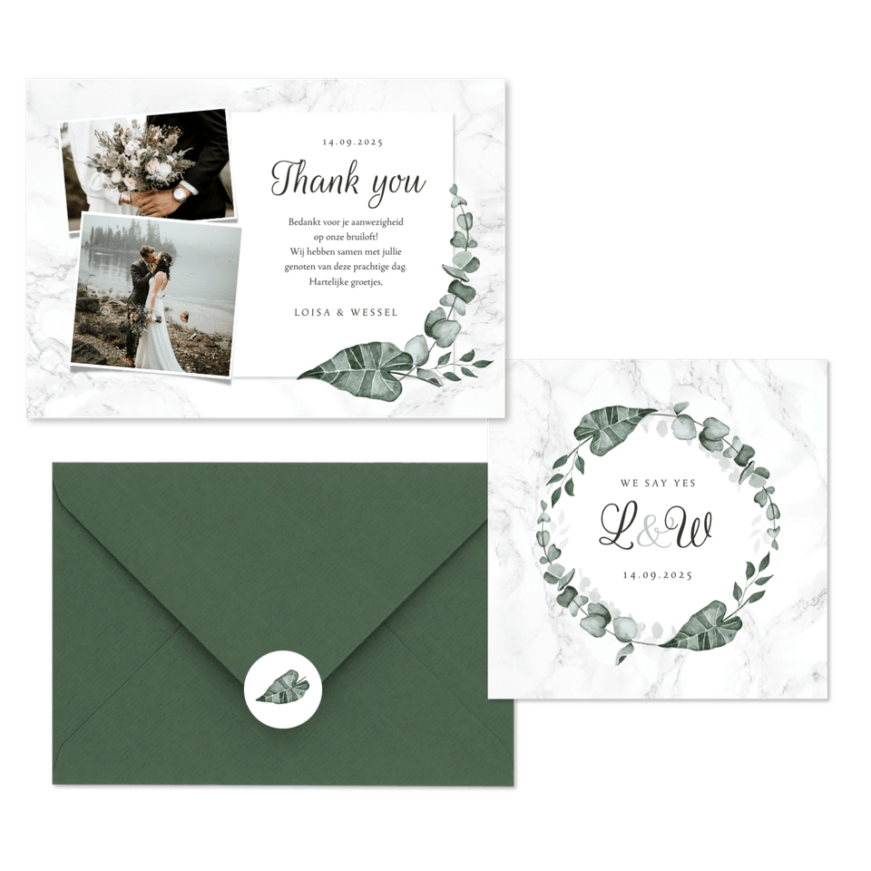 Trouwkaarten marmer en eucalyptus bladeren