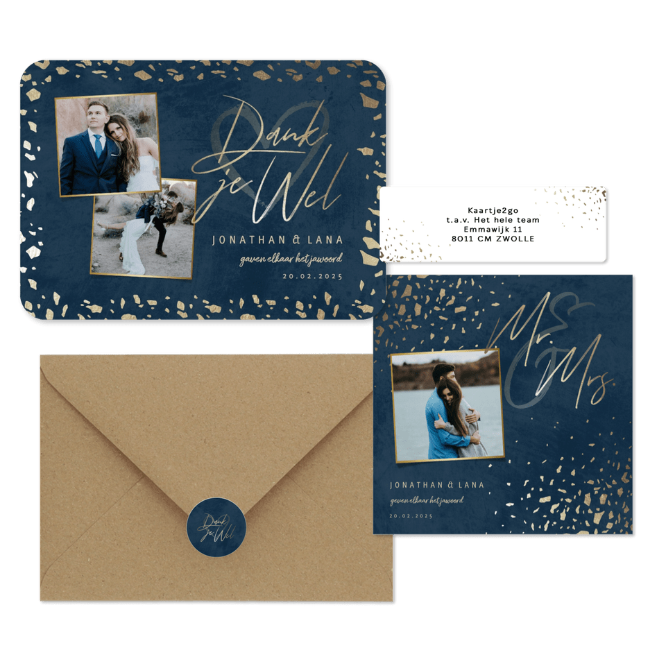 Donkerblauwe trouwset met gouden terrazzo