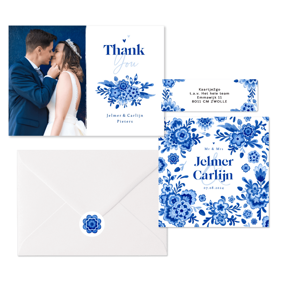 Trouwkaarten Delfts blauw bloemen origineel