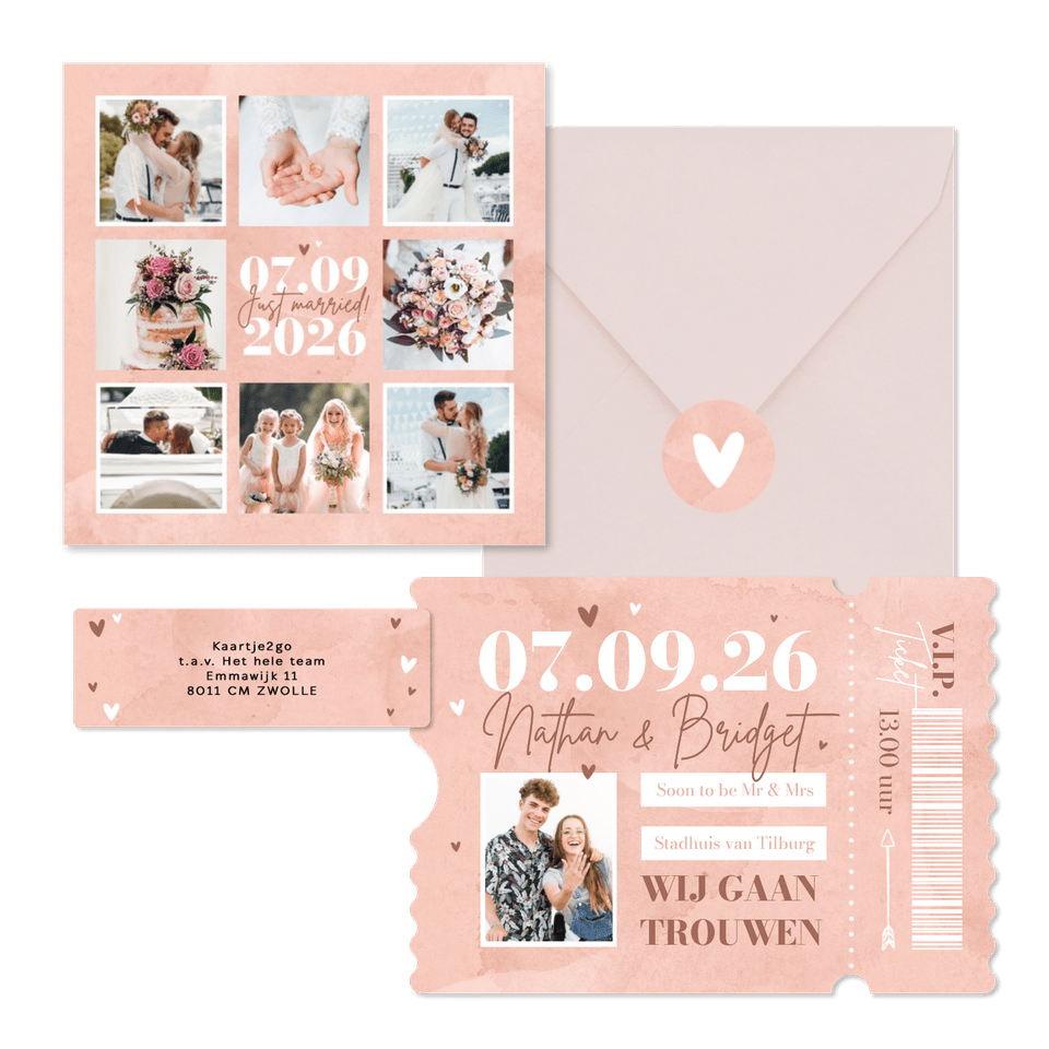 Trouwkaarten roze waterverf hip hartjes ticket