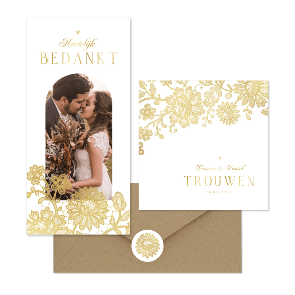 Trouwset klassiek vintage goud kant bloemen