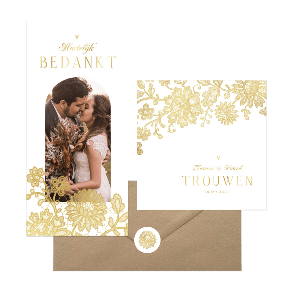 Trouwset klassiek vintage goud kant bloemen 