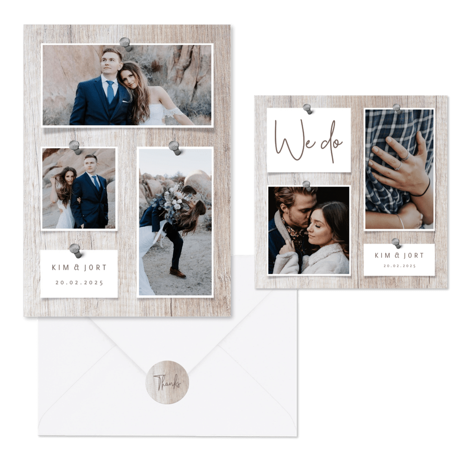 Trouwset fotocollage hout met foto's spijkers