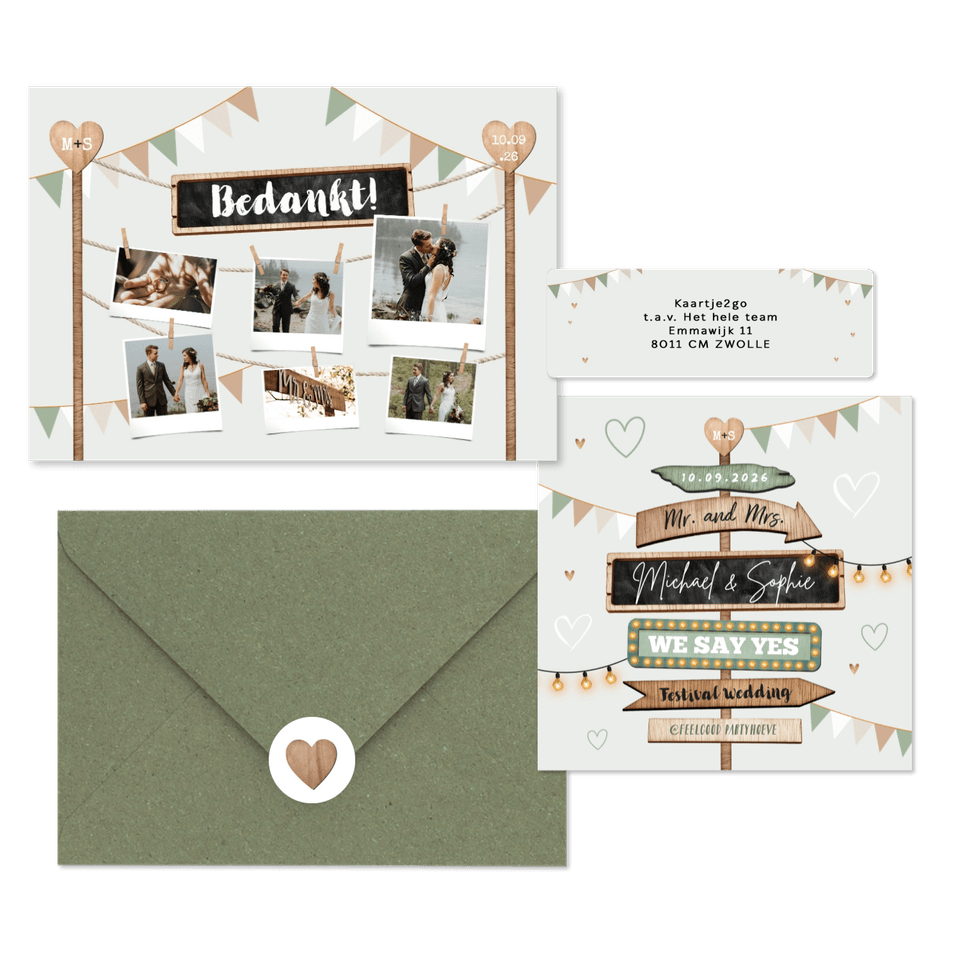 Festival thema trouwset met houten wegwijzers
