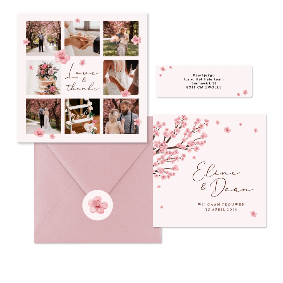 Trouwkaarten set kersenbloesem lente romantisch