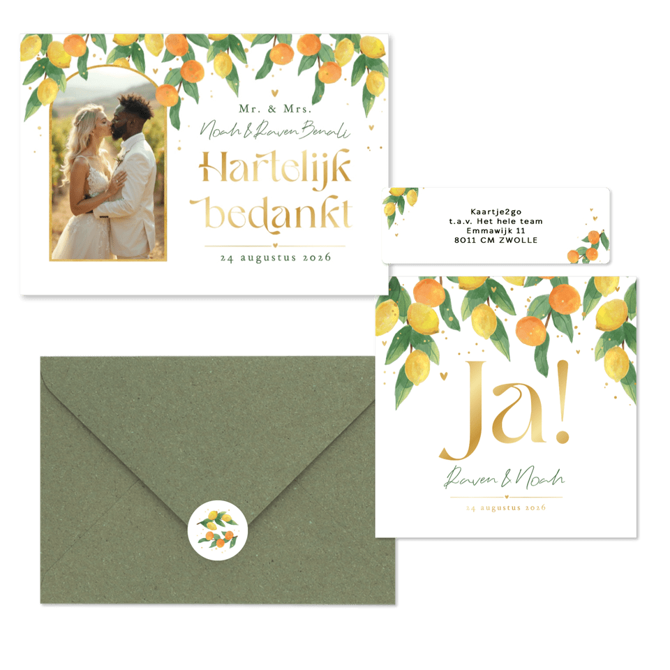 Trouwkaarten mediterrane zomer citroenen mandarijnen fris waterverf goud