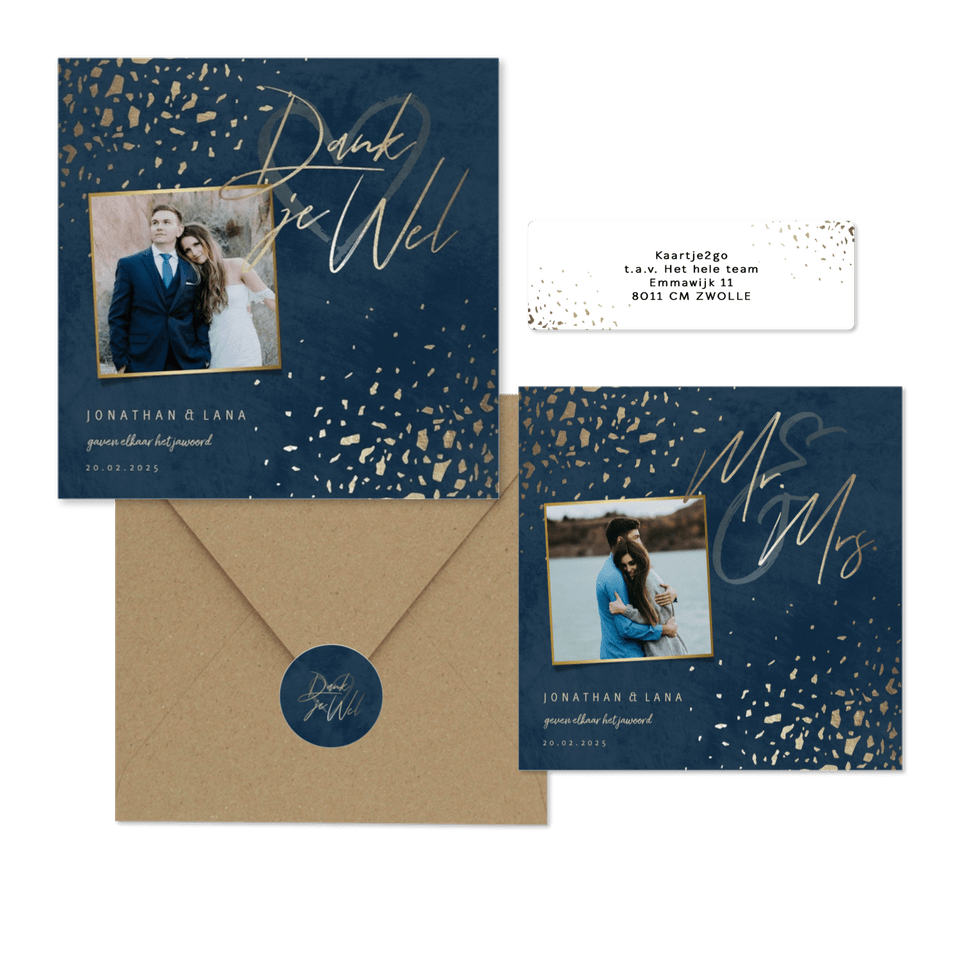 Donkerblauwe trouwset met gouden terrazzo