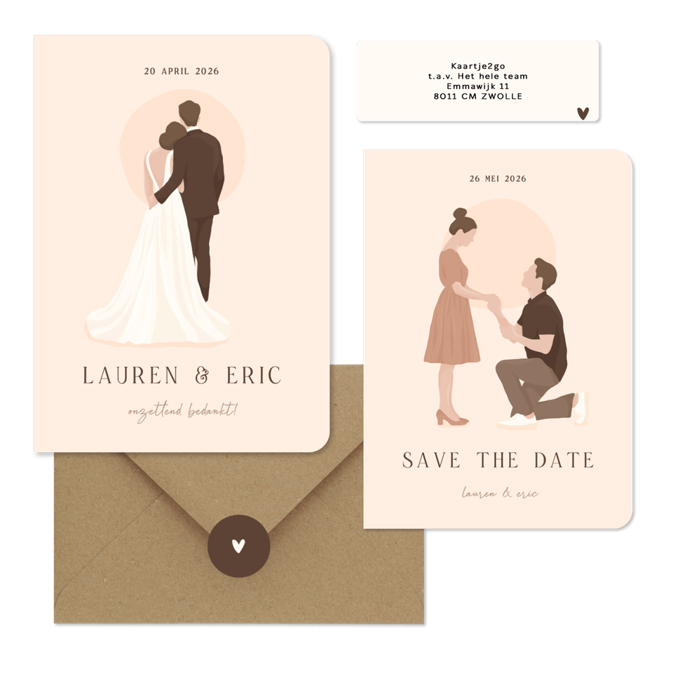 Trouwset met illustratie portretten van bruidspaar