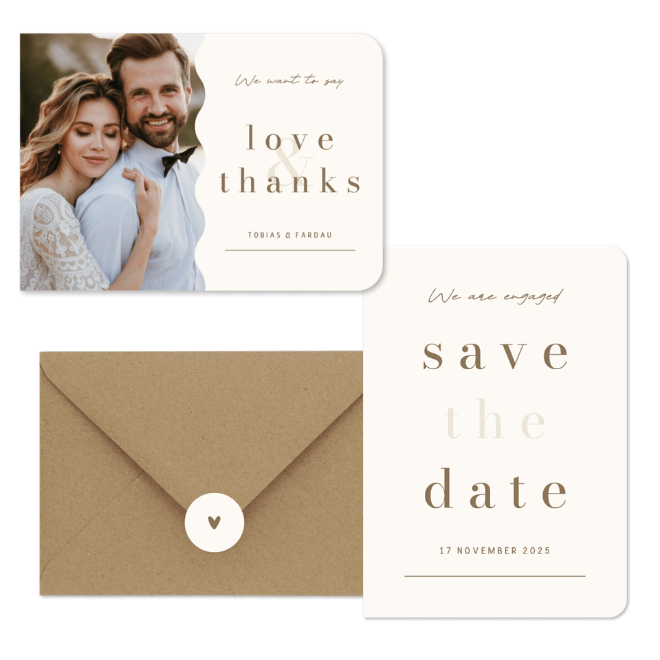 Minimalistische trouwkaart beige met bruin streep