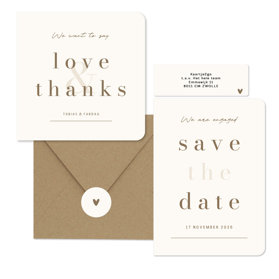 Minimalistische trouwkaart beige met bruin streep