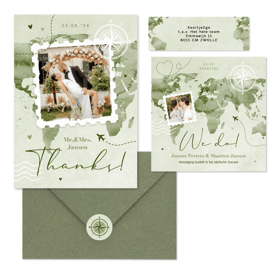 Trouwset wereldkaart waterverf groen paspoort
