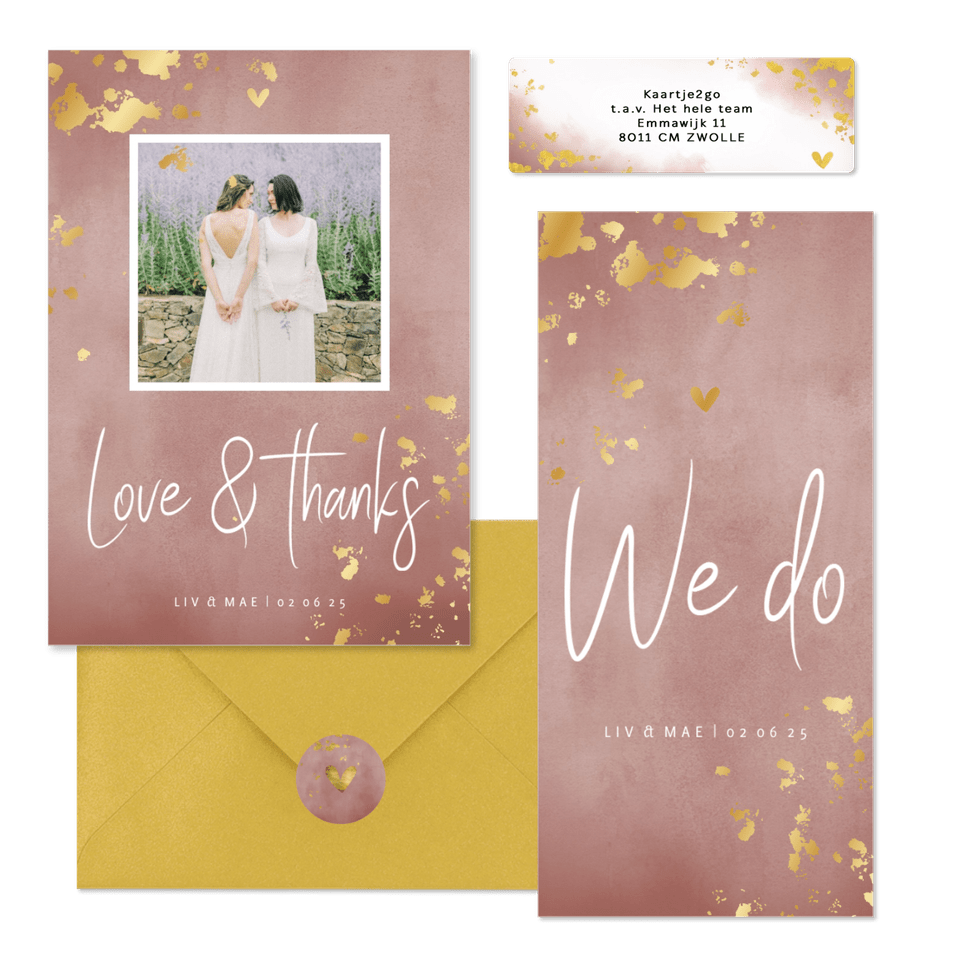 Trouwset oud roze waterverf en spetters goud