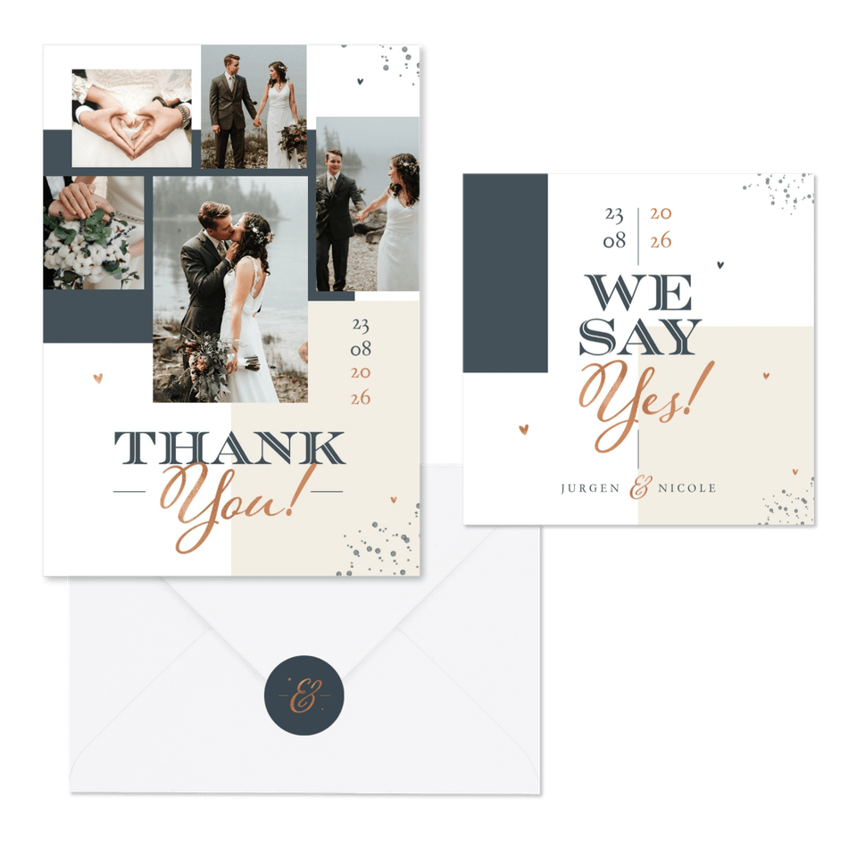 Moderne trouwset met grafische vlakverdeling