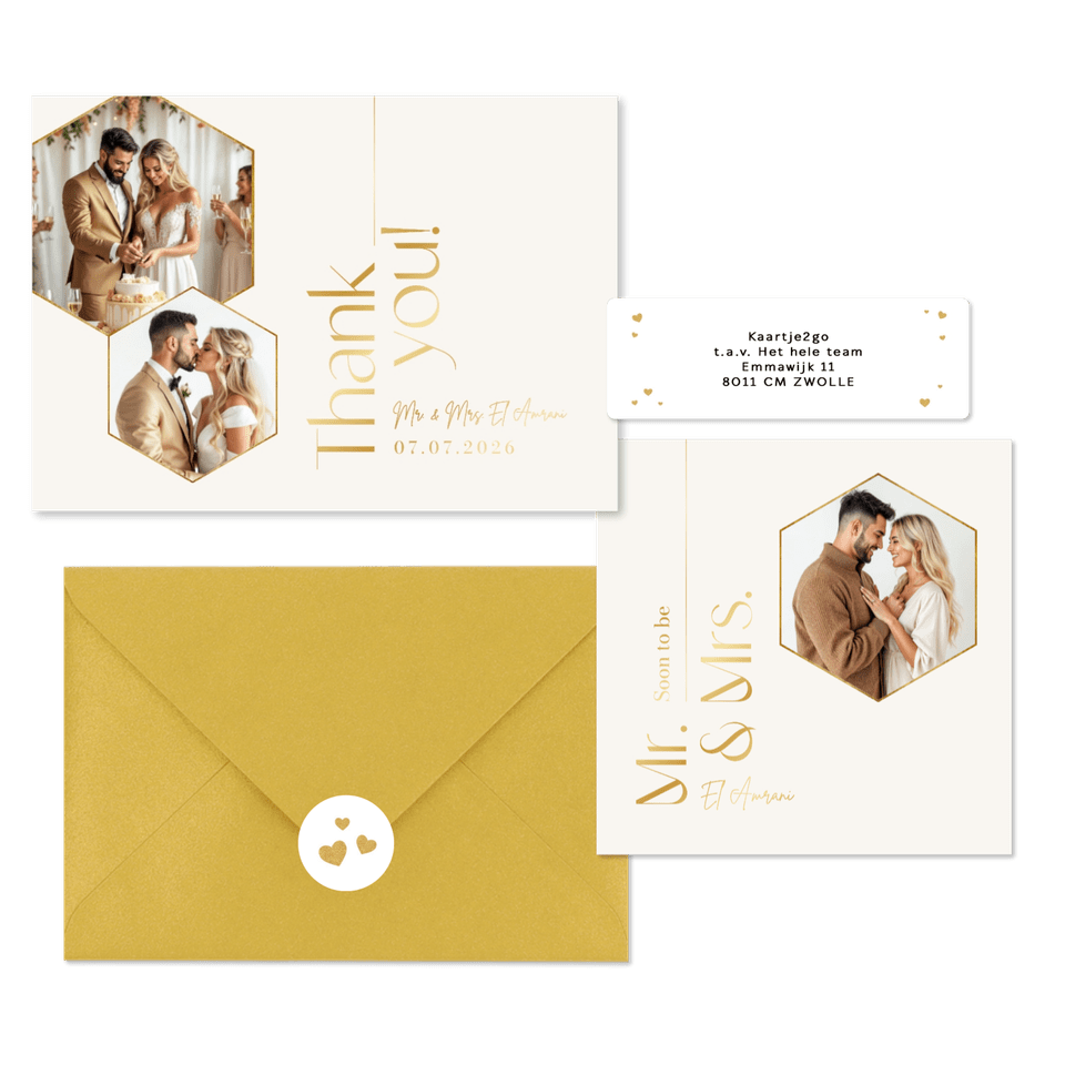 Trouwkaarten set tijdloos stijlvol goud typografisch