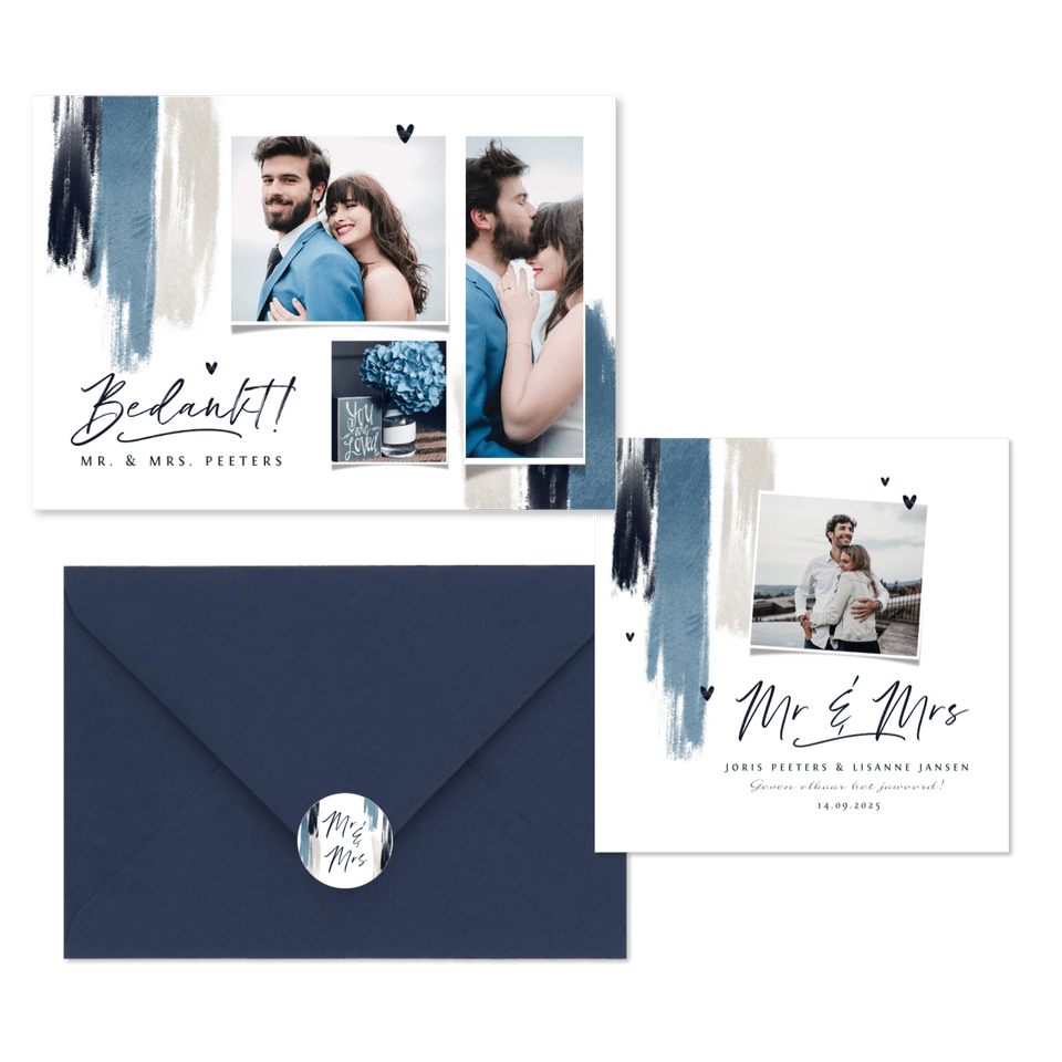 Trouwkaarten set met blauwe verf en hartjes