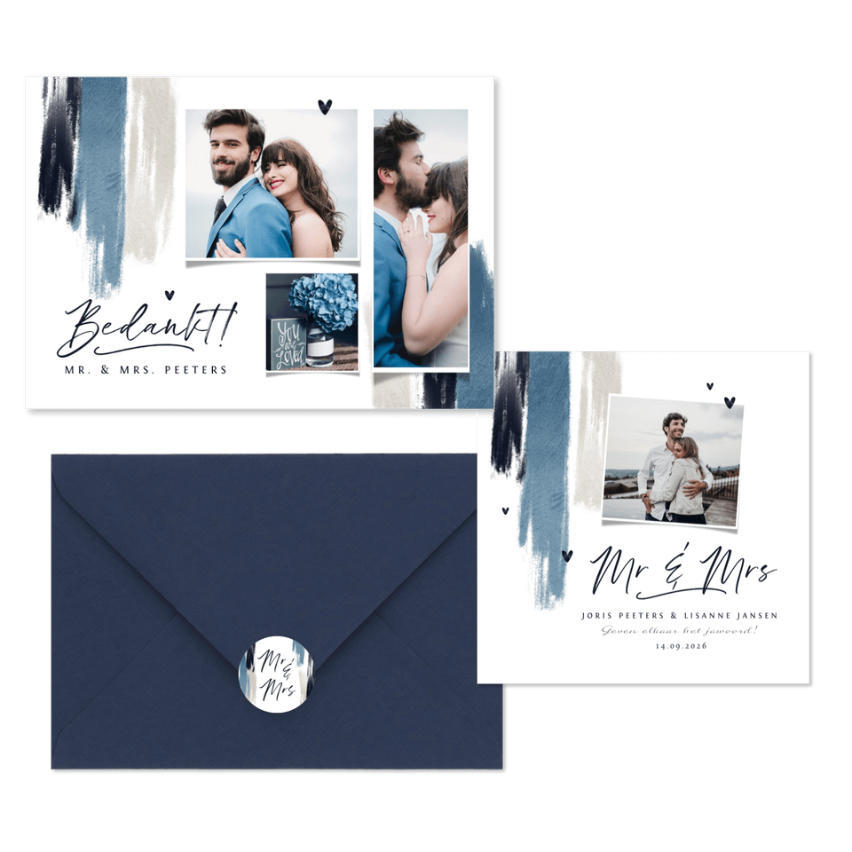 Trouwkaarten set met blauwe verf en hartjes