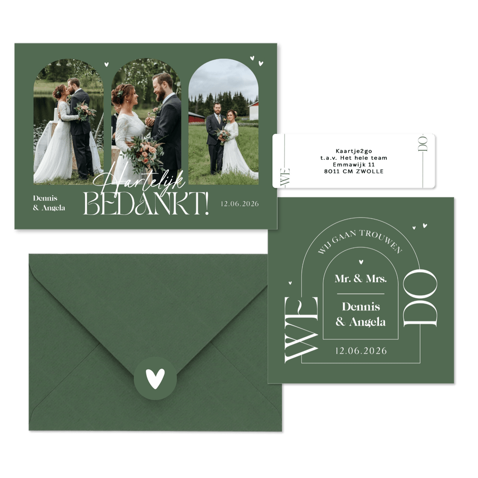 Trouwset grafisch olijfgroen boog hartjes