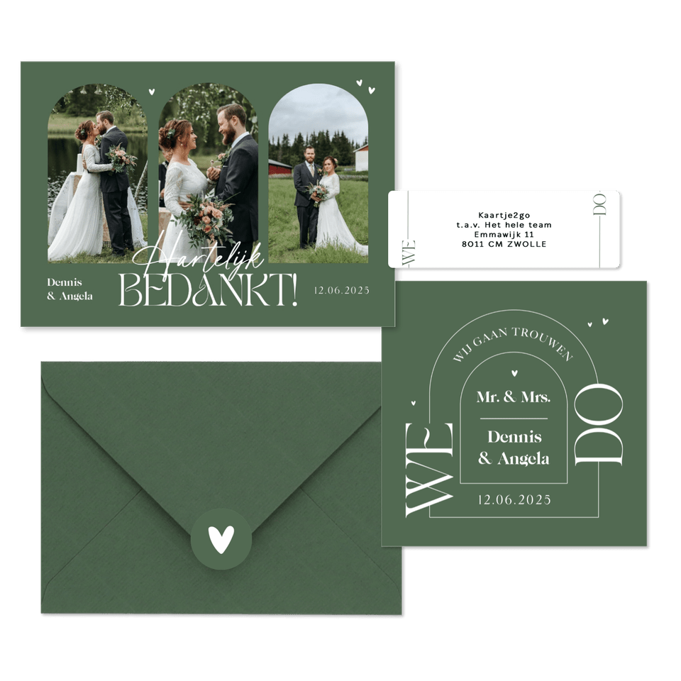 Trouwset grafisch olijfgroen boog hartjes