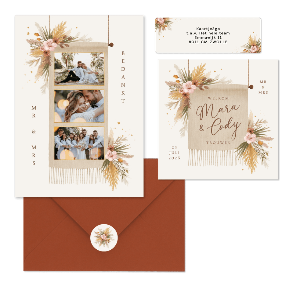 Trouwkaarten romantisch bohemian droogbloemen en gras