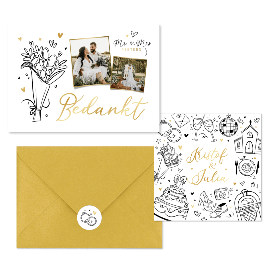 Trouwset doodle illustratie tijdlijn goud