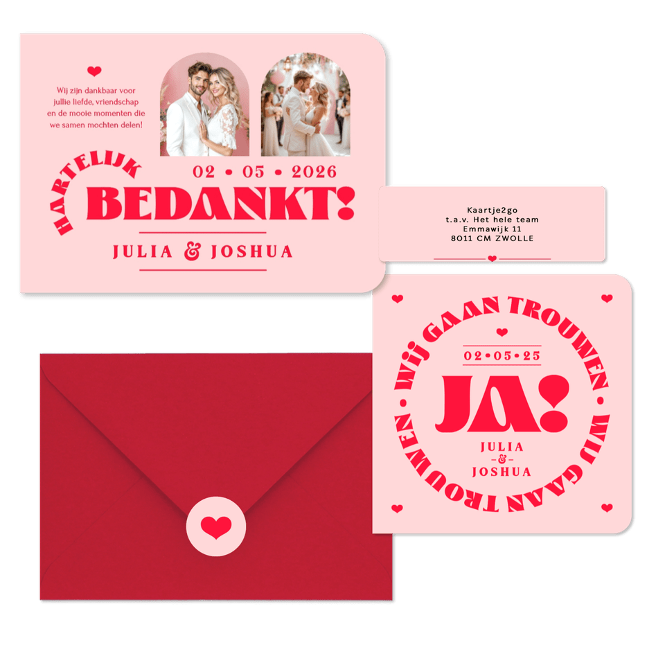 Trouwkaarten set modern typografisch romantisch hip roze rood