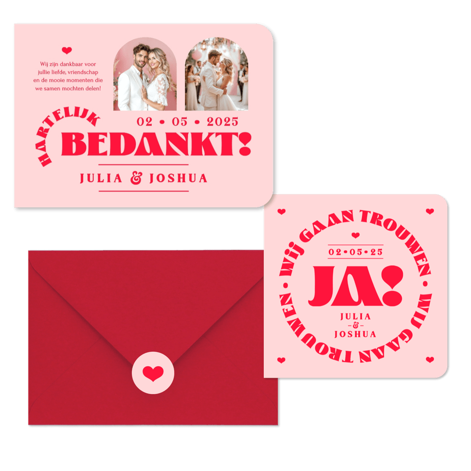Trouwkaarten set modern typografisch romantisch hip roze rood