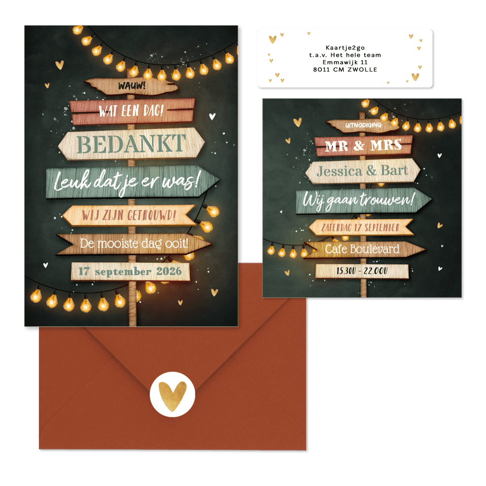Trouwkaarten set festival wegwijzers hout lampjes