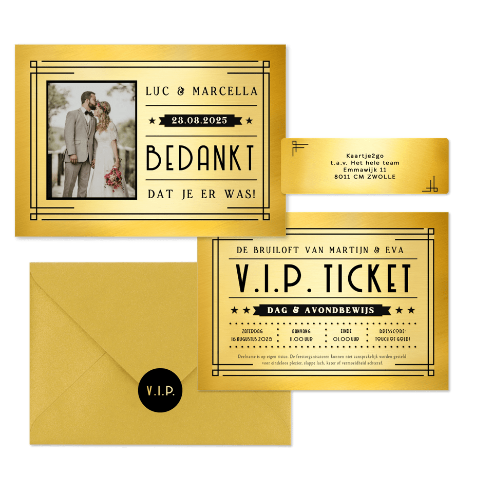 Trouwkaartenset VIP ticket goud