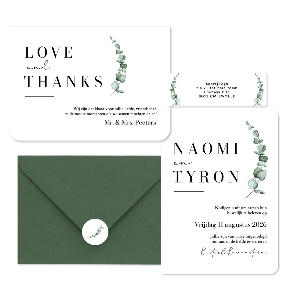 Trouwkaarten set klassiek stijlvol eucalyptus waterverf grafisch