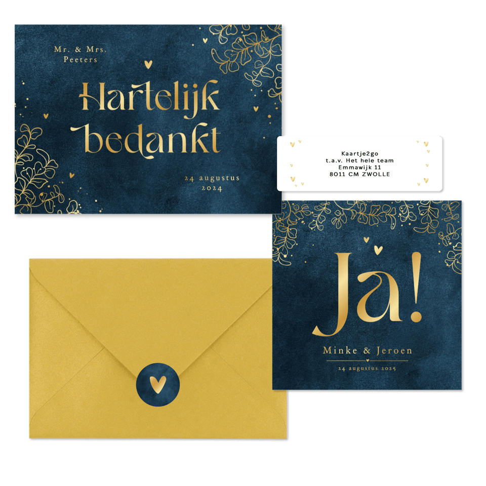 Trouwset velvet blauw eucalyptus lineart goud