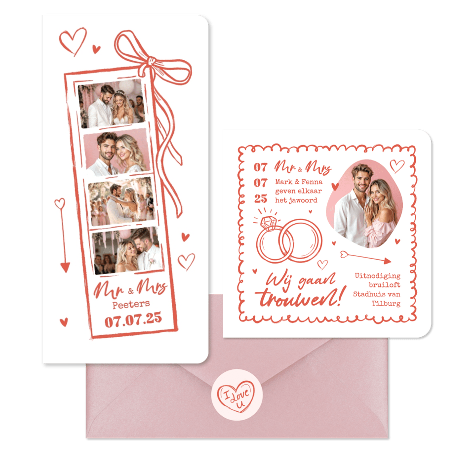 Trouwkaarten hip romantisch doodle illustraties roze