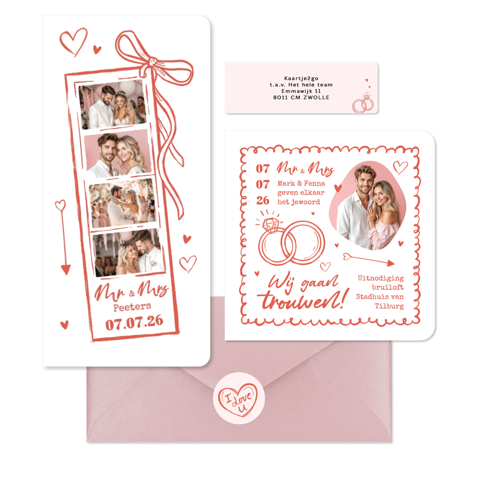 Trouwkaarten hip romantisch doodle illustraties roze