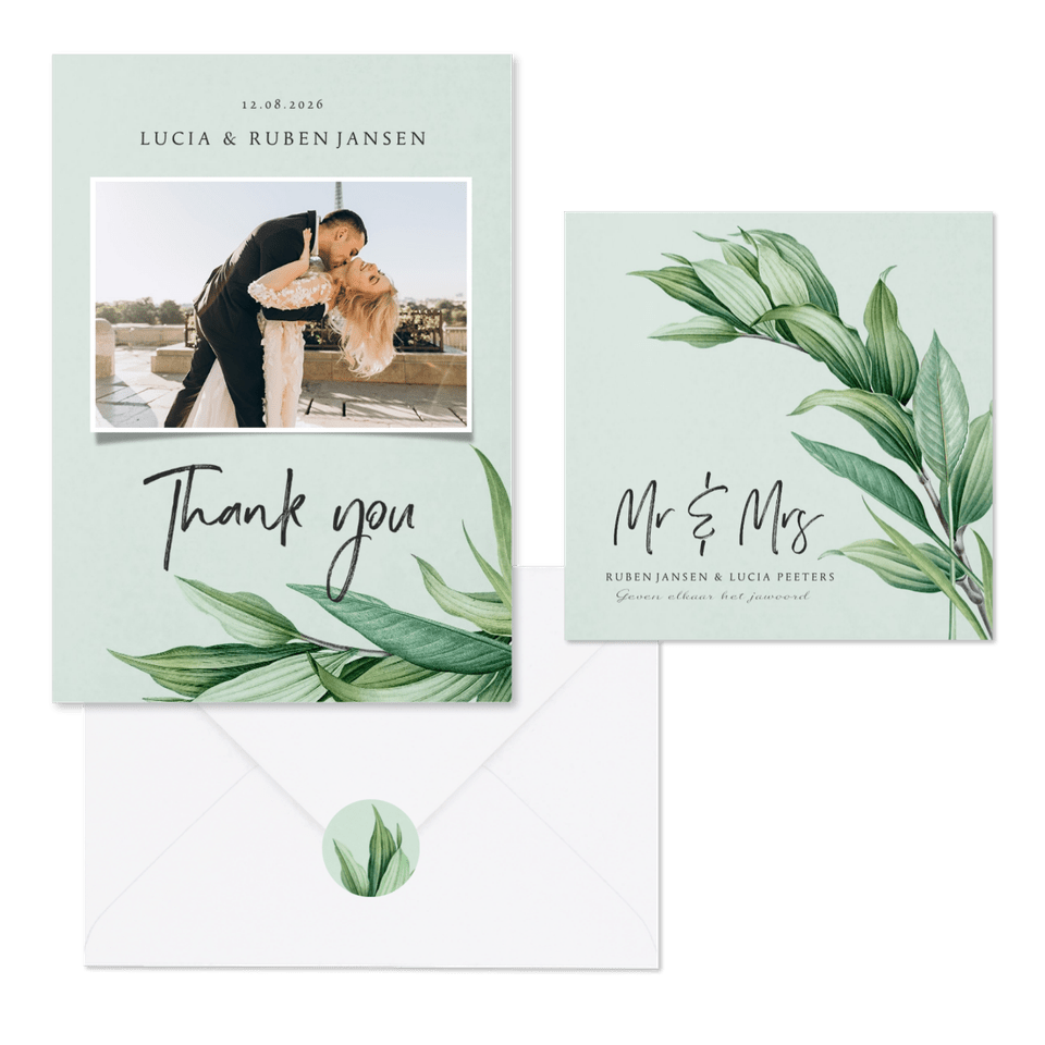 Botanische trouwset met groene bladeren