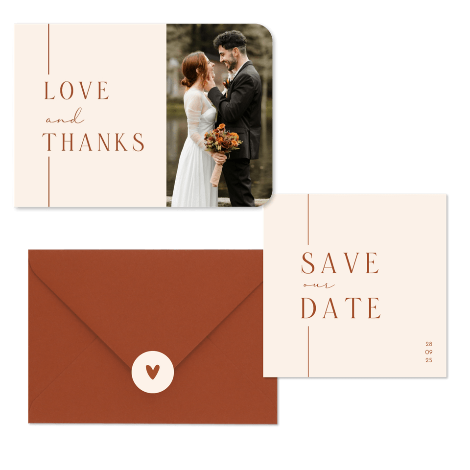 Trouwset minimalistische beige met terracotta lijn