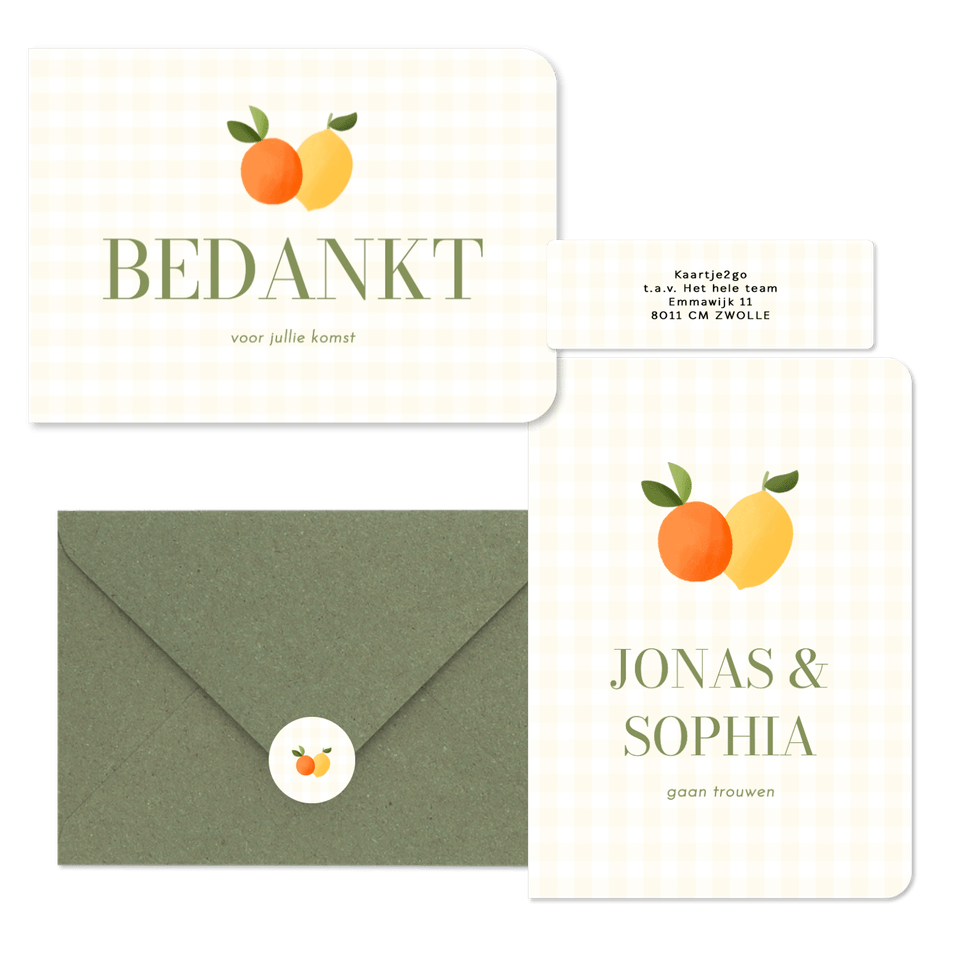 Trouwen geel ruitjespatroon met citroen en mandarijn