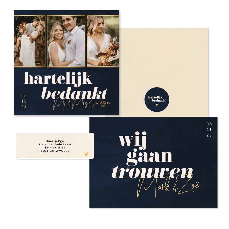 Trouwset donkerblauw met bold tekst en goud