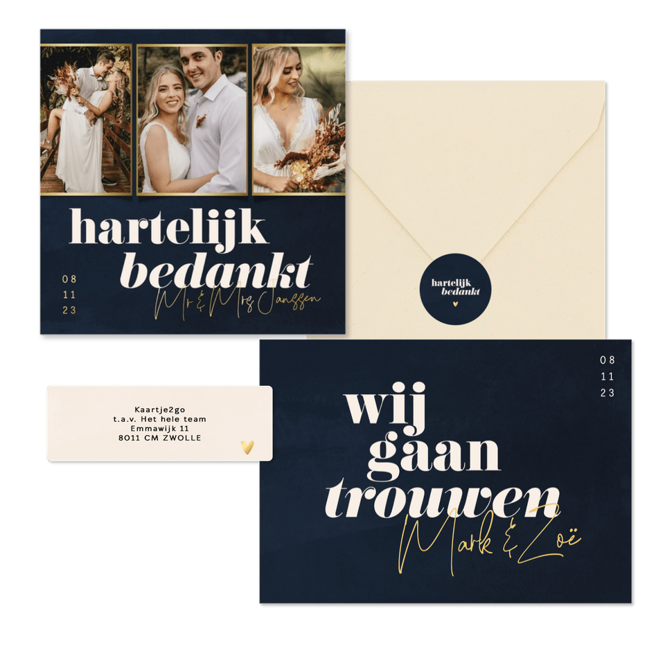 Trouwset donkerblauw met bold tekst en goud