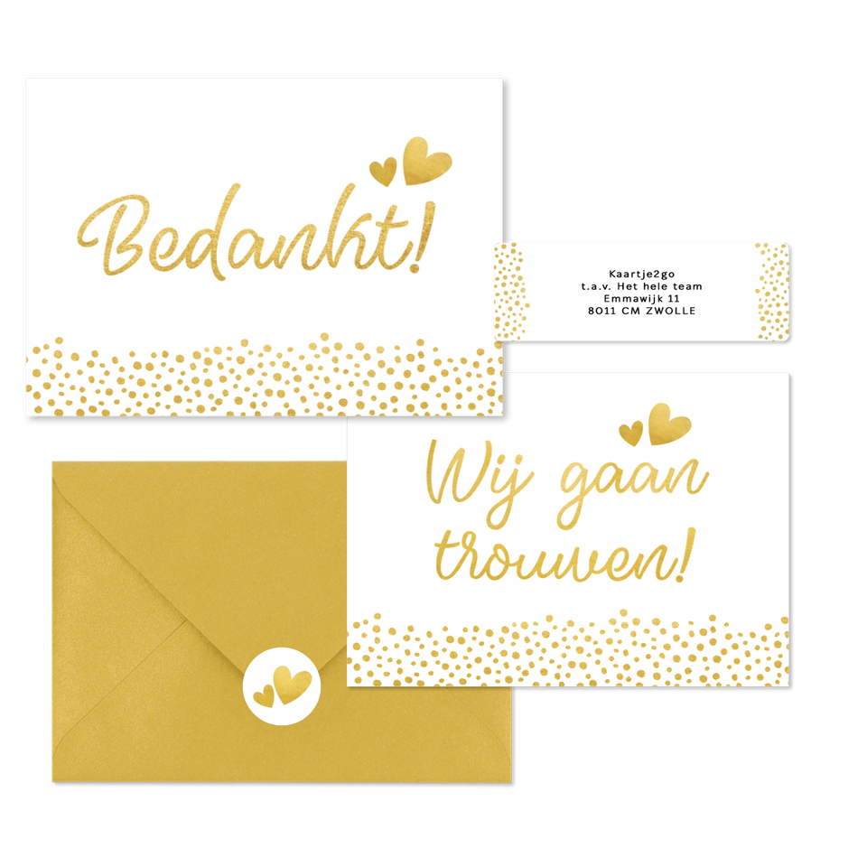 Witte trouwkaarten set met gouden stipjes 