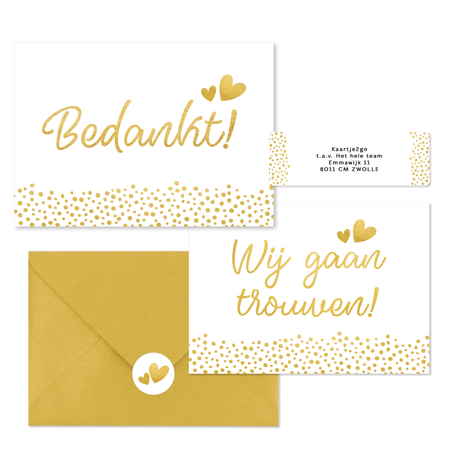 Witte trouwkaarten set met gouden stipjes