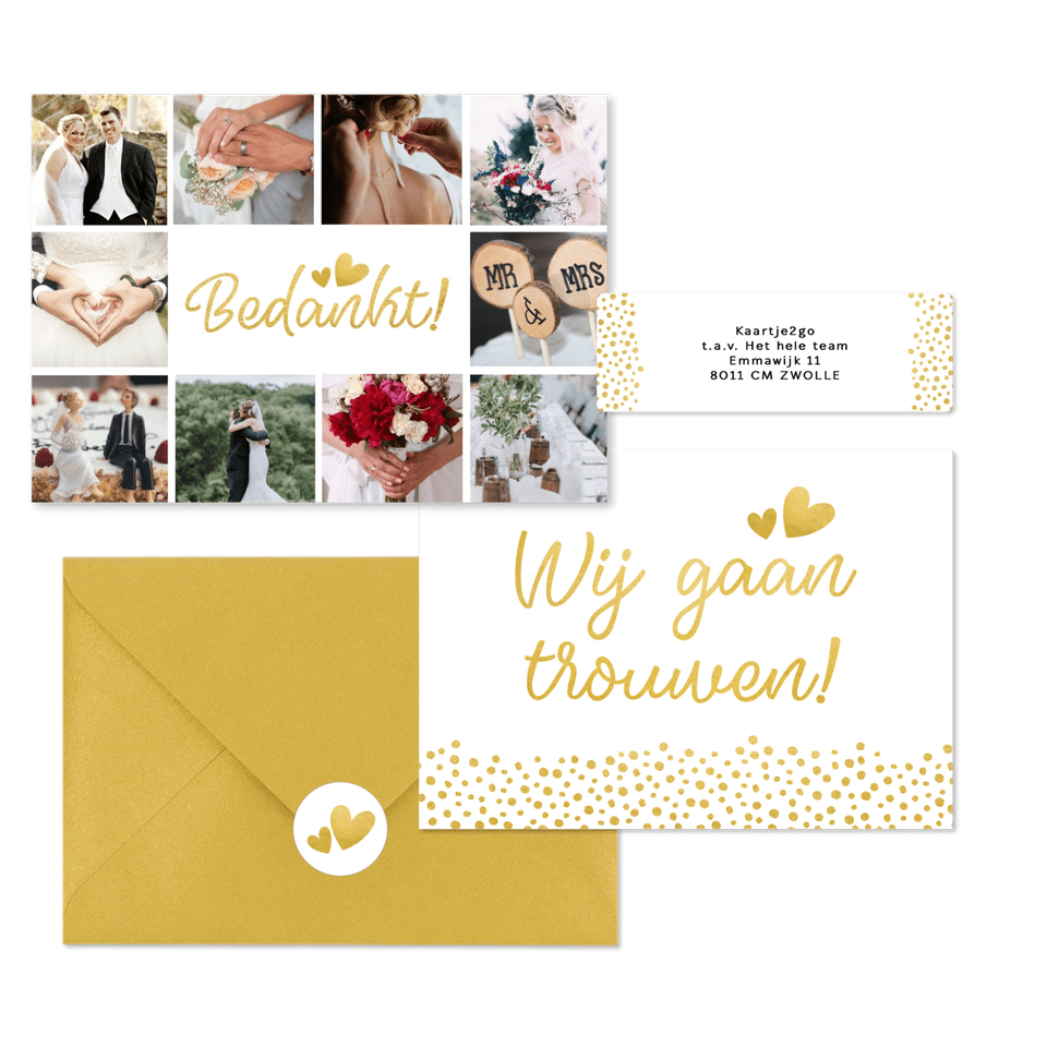 Witte trouwkaarten set met gouden stipjes