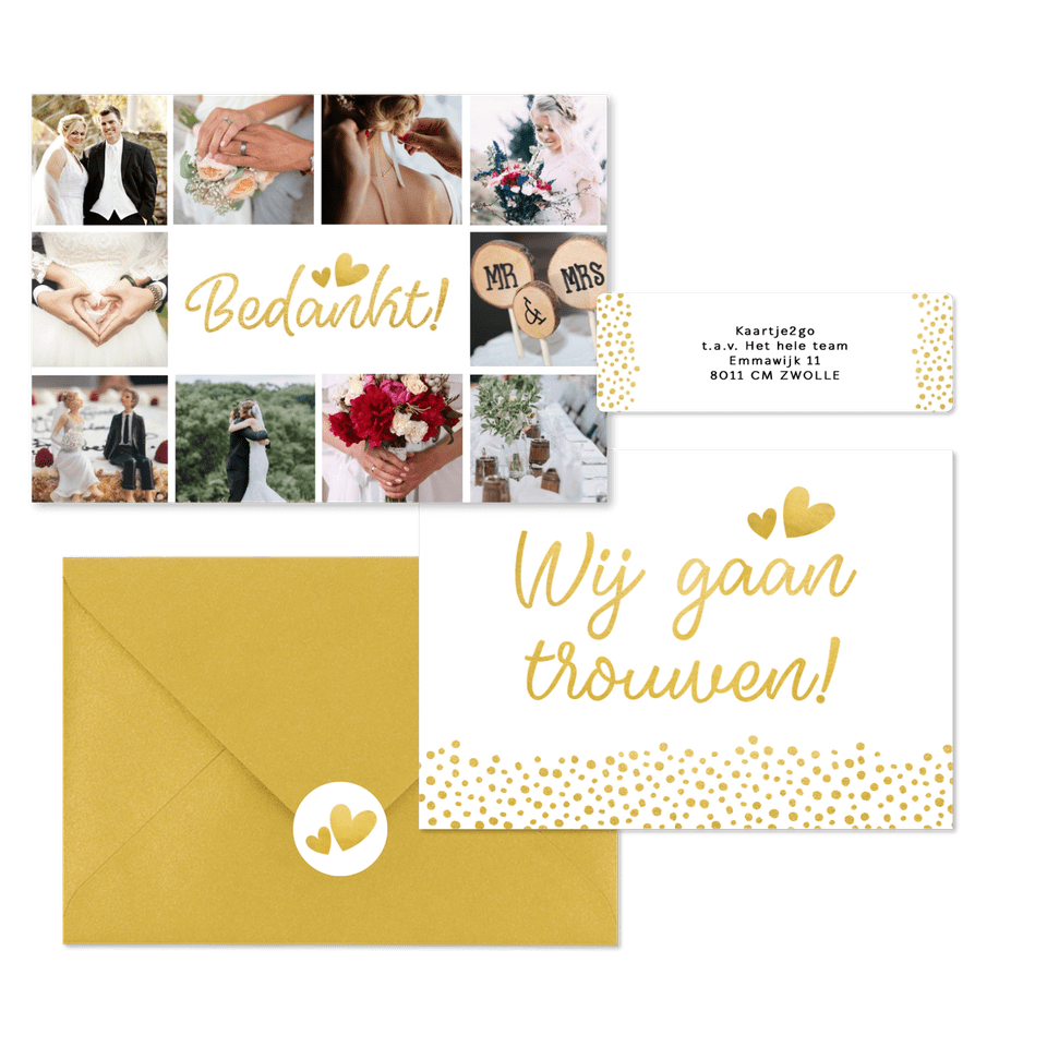 Witte trouwkaarten set met gouden stipjes 
