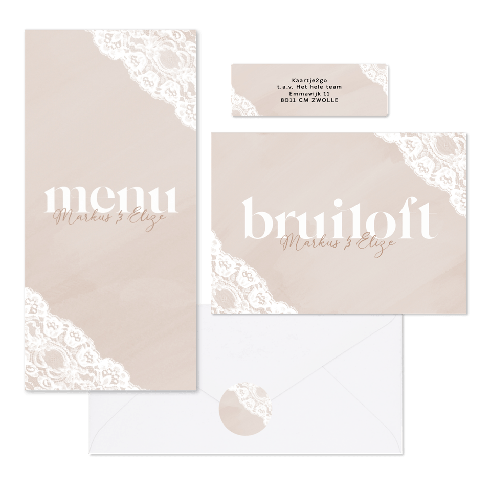 Beige waterverf trouwkaarten met wit kant