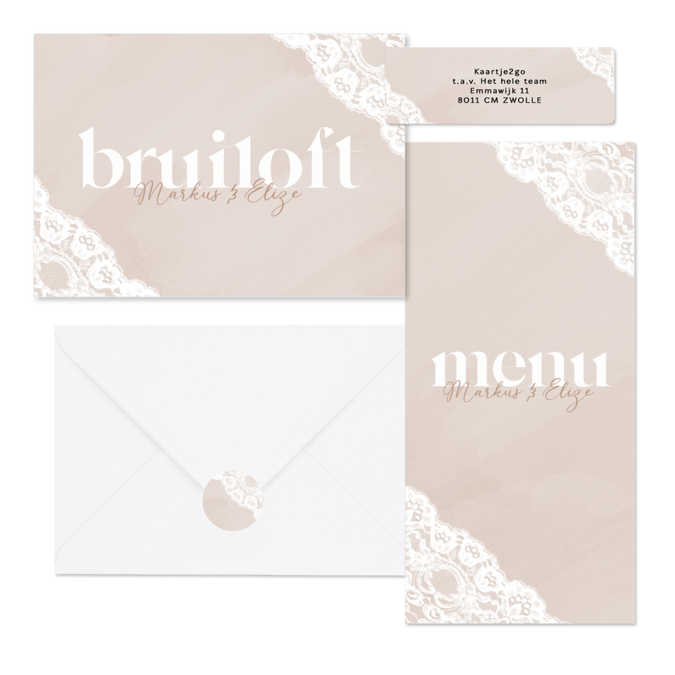 Beige waterverf trouwkaarten met wit kant