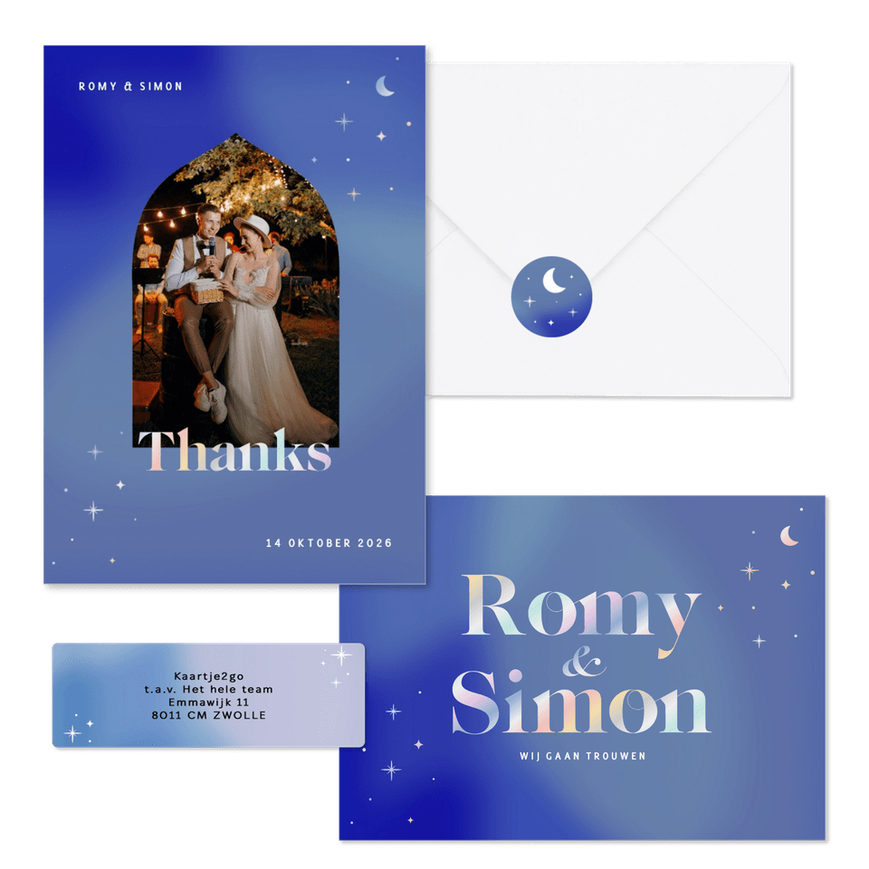 Trouwset blauw met holografische sterretjes