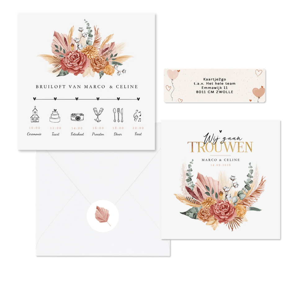 Trouwset met geschilderde roze droogbloemen