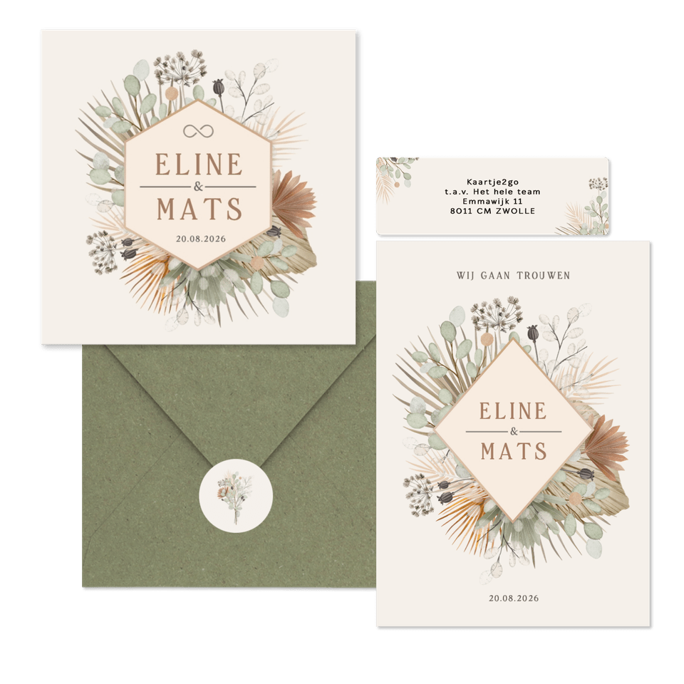 Trouwset bohemian met droogbloemen